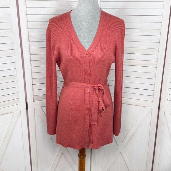 Vtg Croft & Barrow V Neck Button Up Belted Tunic Cardigan Sweater Spice Large - Picture 1 of 10